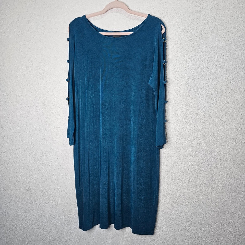Travelers Chico's Blue Dress Wrinkle Free Long Split Sleeve Career Size 2‎ = Lg